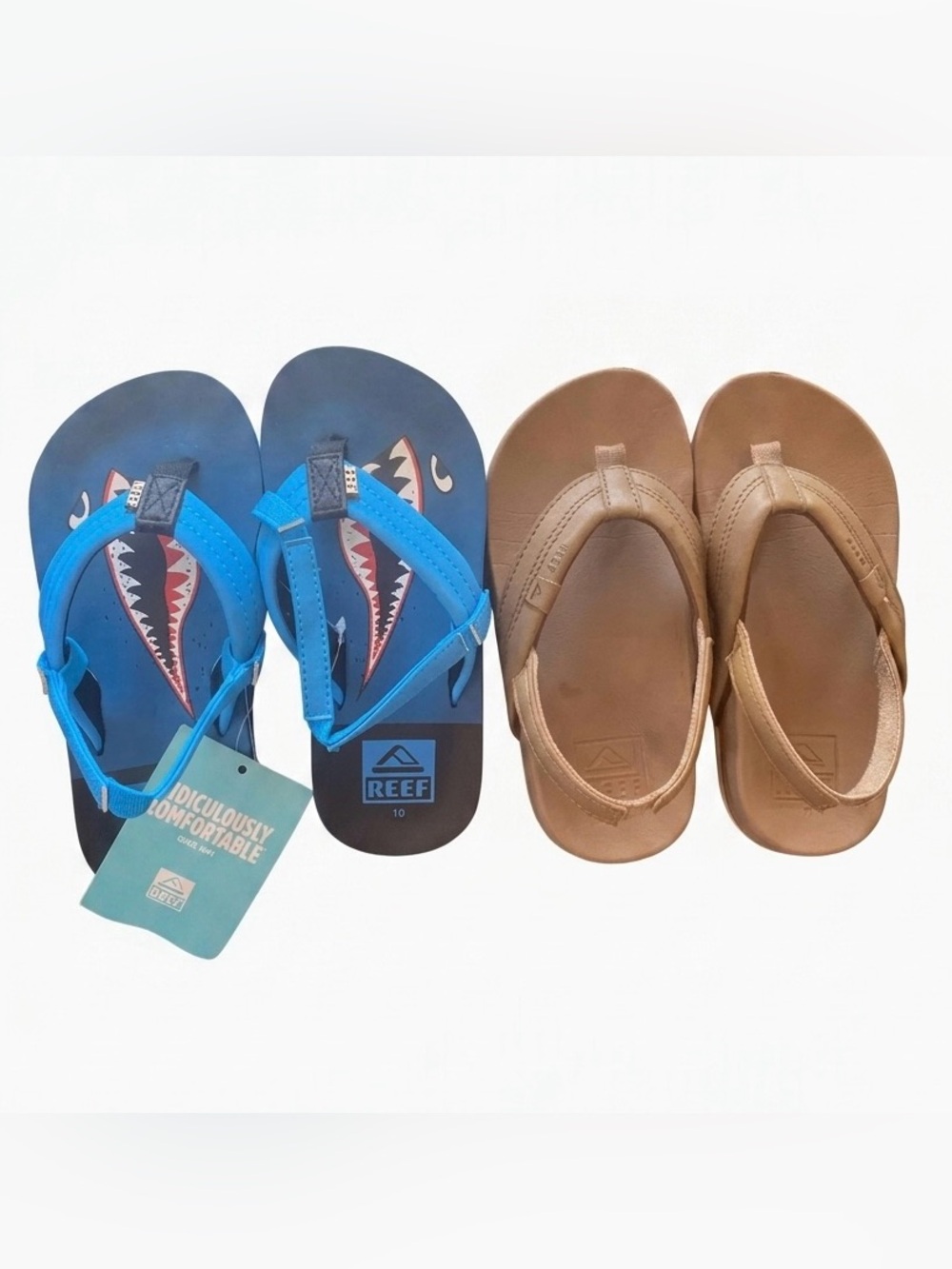 Reef Boys Summer Blue Shark and Brown Kids Flip Flop Bundle - size 10
